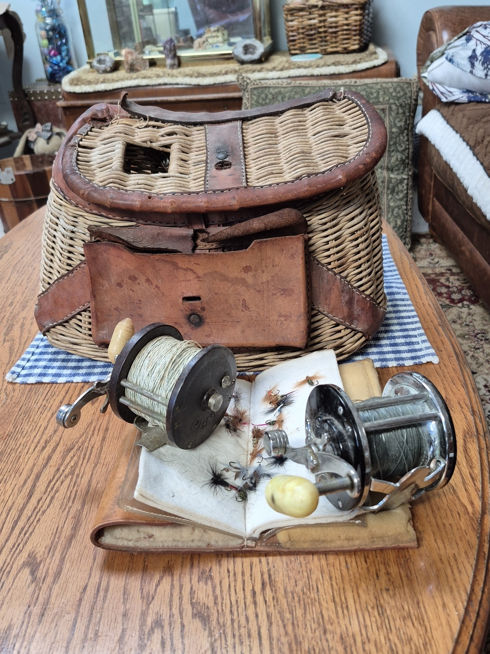Vintage Wicker Fishing Creel with Reels and Flies - Brown/Beige